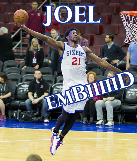 Apr 15, 2015; Philadelphia, PA, USA; Philadelphia 76ers center Joel Embiid (21) during warm ups before a game against the Miami Heat at Wells Fargo Center. Mandatory Credit: Bill Streicher-USA TODAY Sports