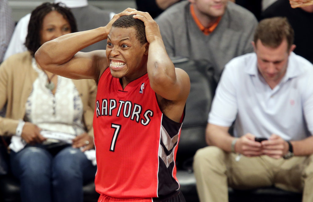 Toronto Raptors Kyle Lowry reacts after a turnover in the second half against the Brooklyn Nets in Game 4 of the Eastern Conference Quarterfinals at Barclays Center in New York City on April 27, 2014. The Raptors defeated the Nets 87-79 and tied the series at 2-2. UPI/John Angelillo