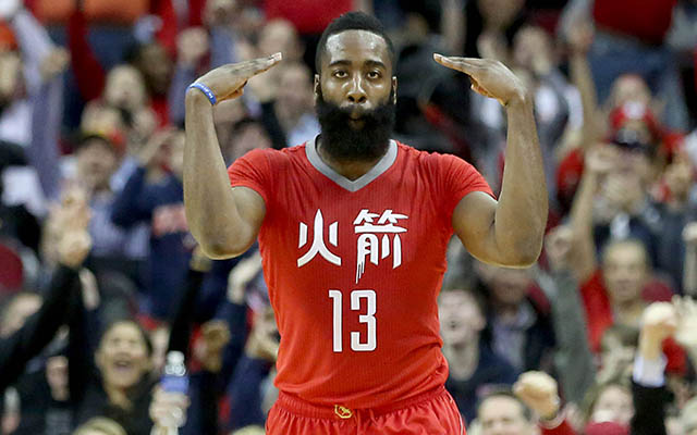 Feb 23, 2015; Houston, TX, USA; Houston Rockets guard James Harden (13) and fans celebrate Harden's three point shot against the Minnesota Timberwolves in the second half at Toyota Center. Rockets won 113 to 102. Mandatory Credit: Thomas B. Shea-USA TODAY Sports
